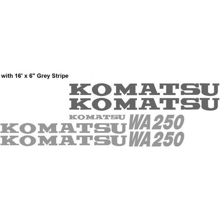 Aftermarket Decal Set for Komatsu Wheel Loader WA250 with 16' x 6 Grey Stripe KOMWA250-3WSDECALSET